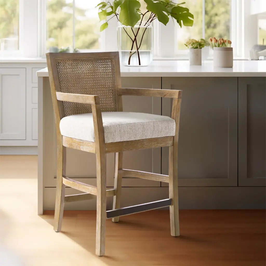 Cane Back Counter Stool Cream Reclaimed Natural Polyester Kitchen Bar Stool jla