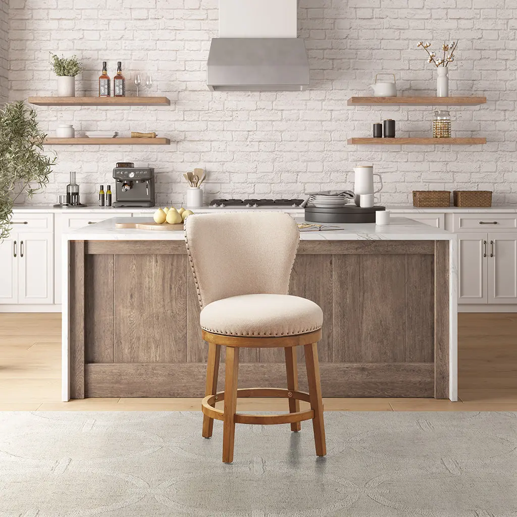 Upholstered 360 Degree Swivel Counter Stool 25 Inch H Tan Polyester Bar Stool jla