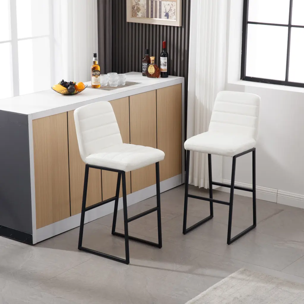 Bar Stools Set 2 Back Upholstered PU Hide Kitchen Breakfast lesscasa