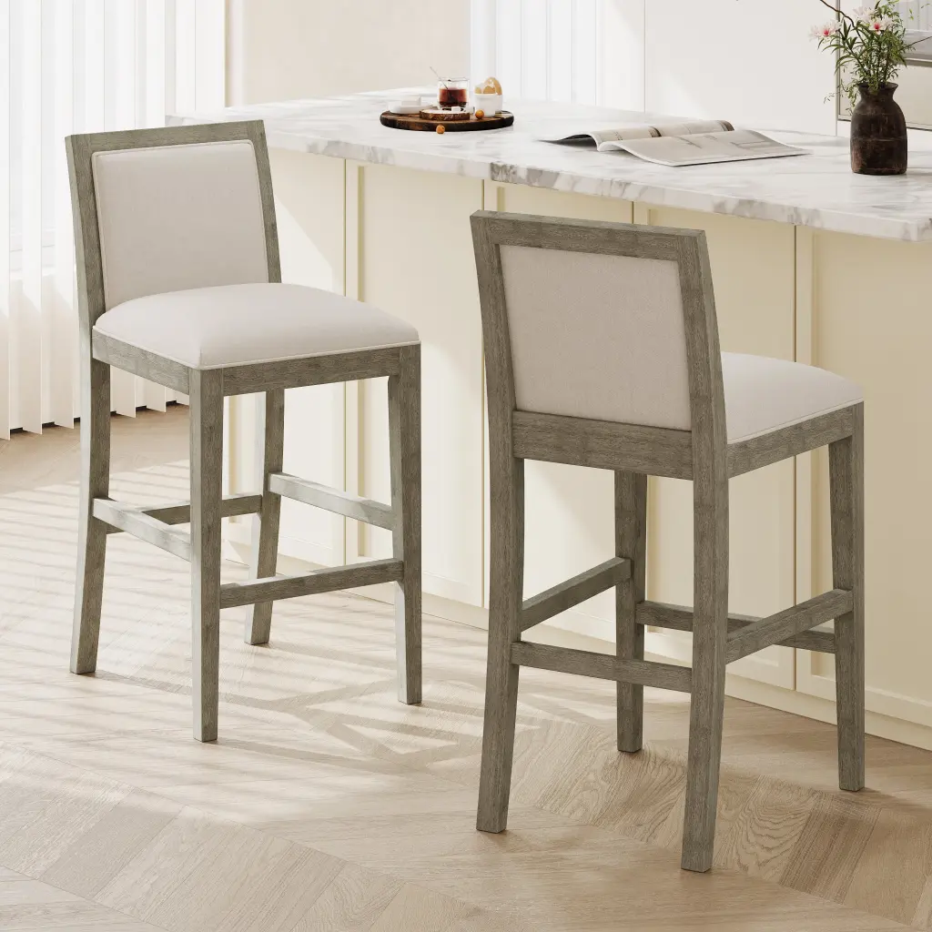 30.5 Inch Height Bar Stools Set 2 Rubber Wood Frame Fabric Sponge Seat nh-onfind