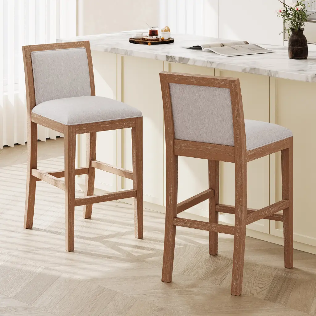 Bar Stools Set 2 30.5 Inch Height Rubber Wood Frame Fabric Sponge Seat nh-onfind