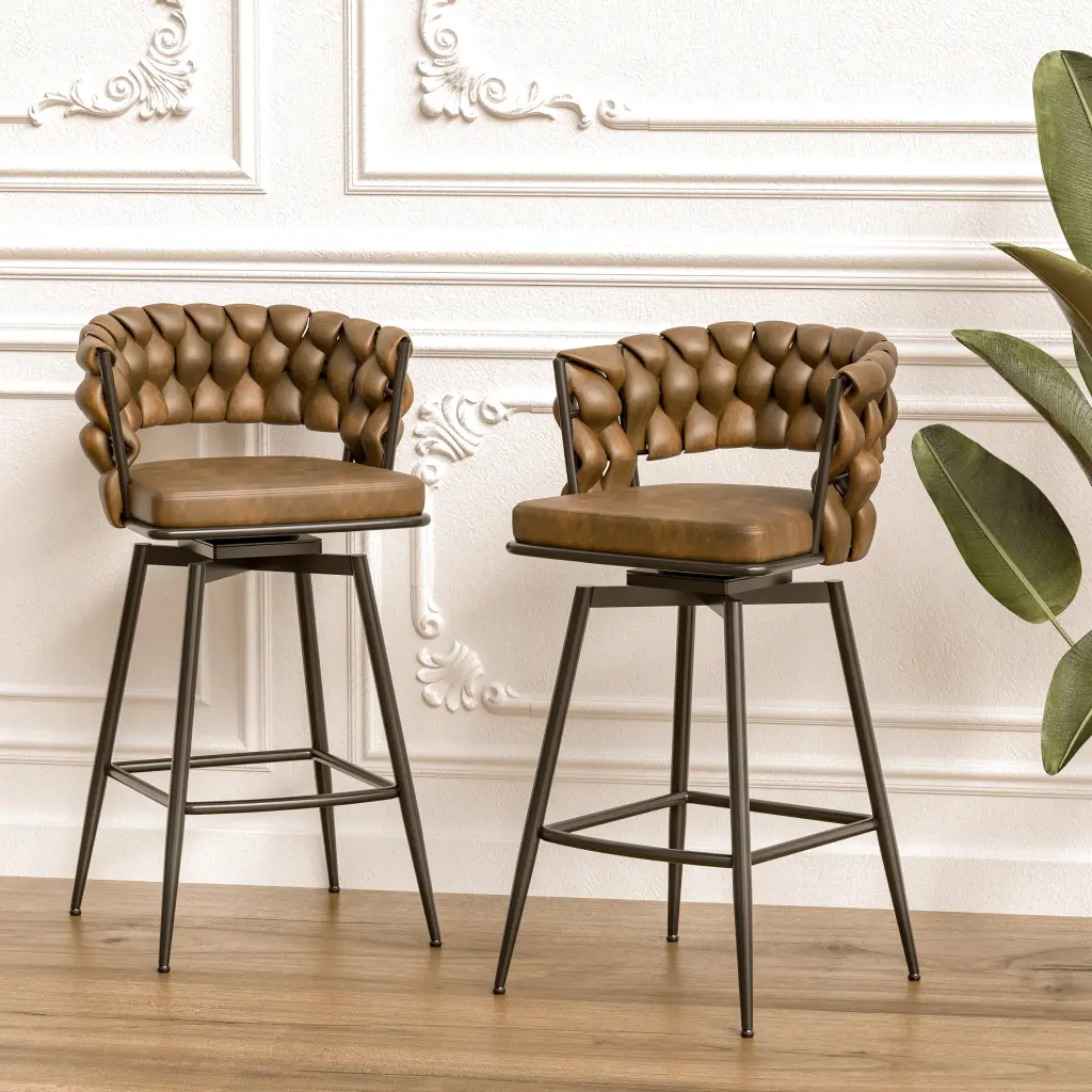 Technical Leather Woven Bar Stool Set 2 Black Legs Kitchen or Bar nuoli furniture