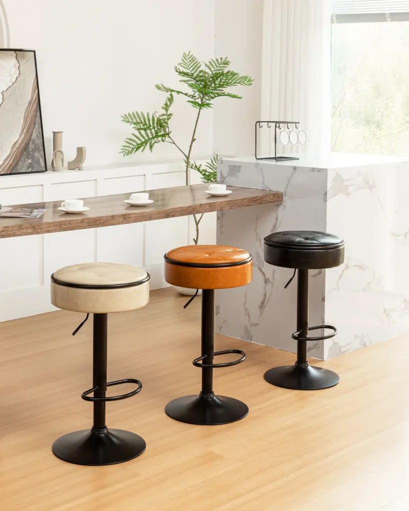 Round Storage Bar Stool Set 2 Khaki Faux Leather Height Customizable rnb