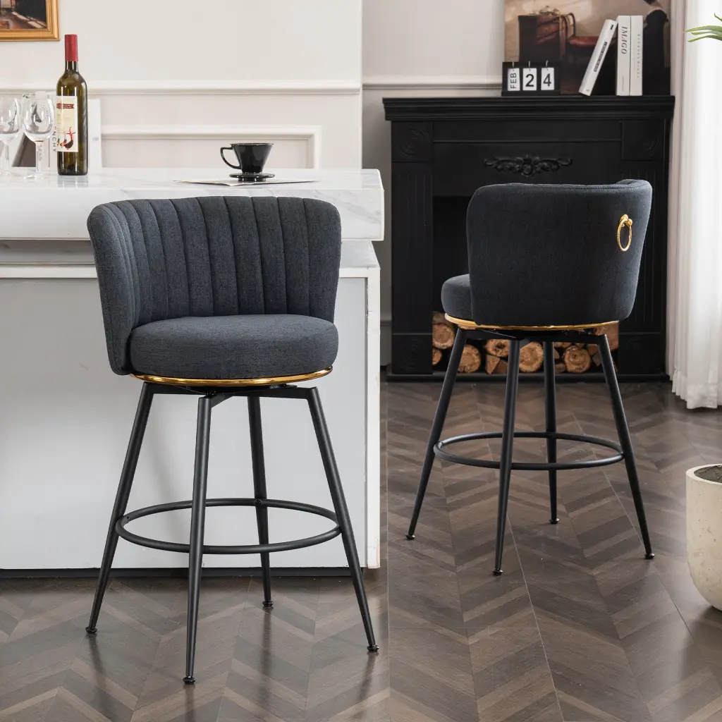 Set 2 Gray Swivel Bar Stools High Back and Customizable Upholstery rnb