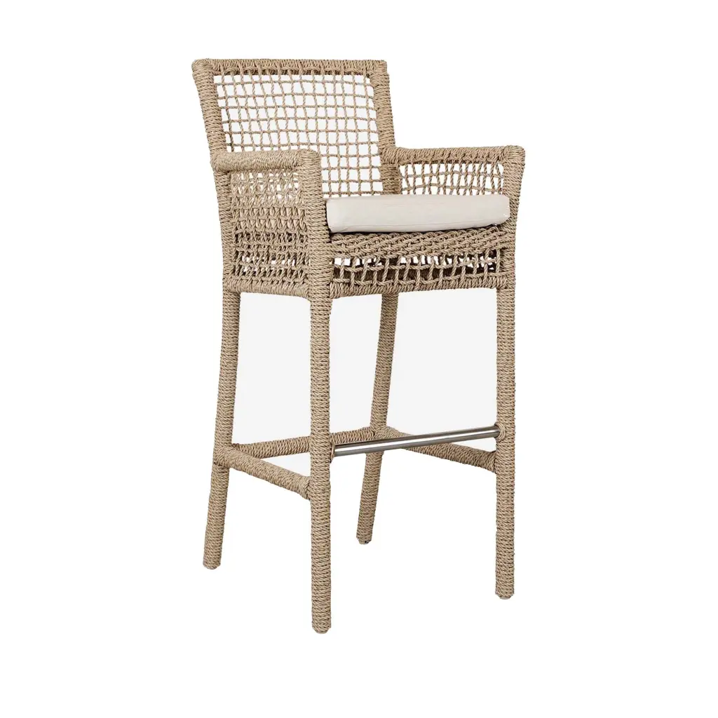 Zev 31 Inch Outdoor Bar Stool Rope Woven Ivory Olefin Seat royal hampton