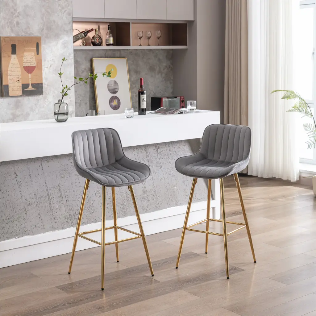 30 Inch Set 2 Bar Stools Chrome Footrest and Velvet Material Counter Height weehaa furniture