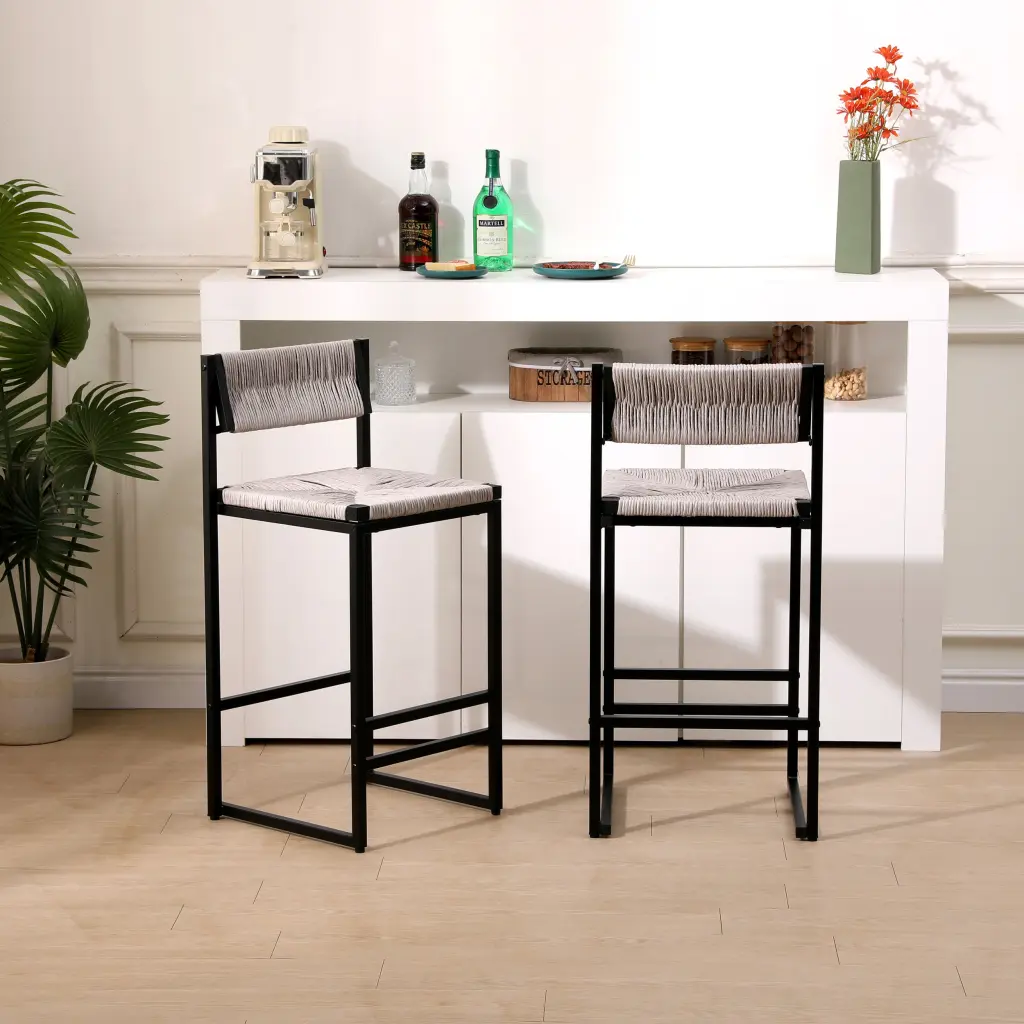 Gray Set 2 Hand Weave Bar Stools Back Counter Height Bar Chair Kitchen And Dining yiqiumi furniture