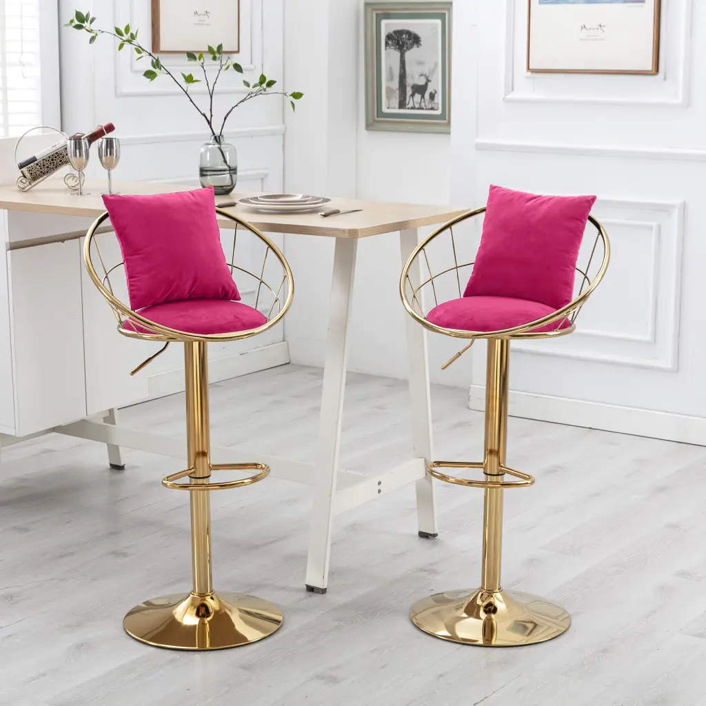 Rose Red Velvet Bar Chair 360-Degree Swivel and Metal Base zen zone