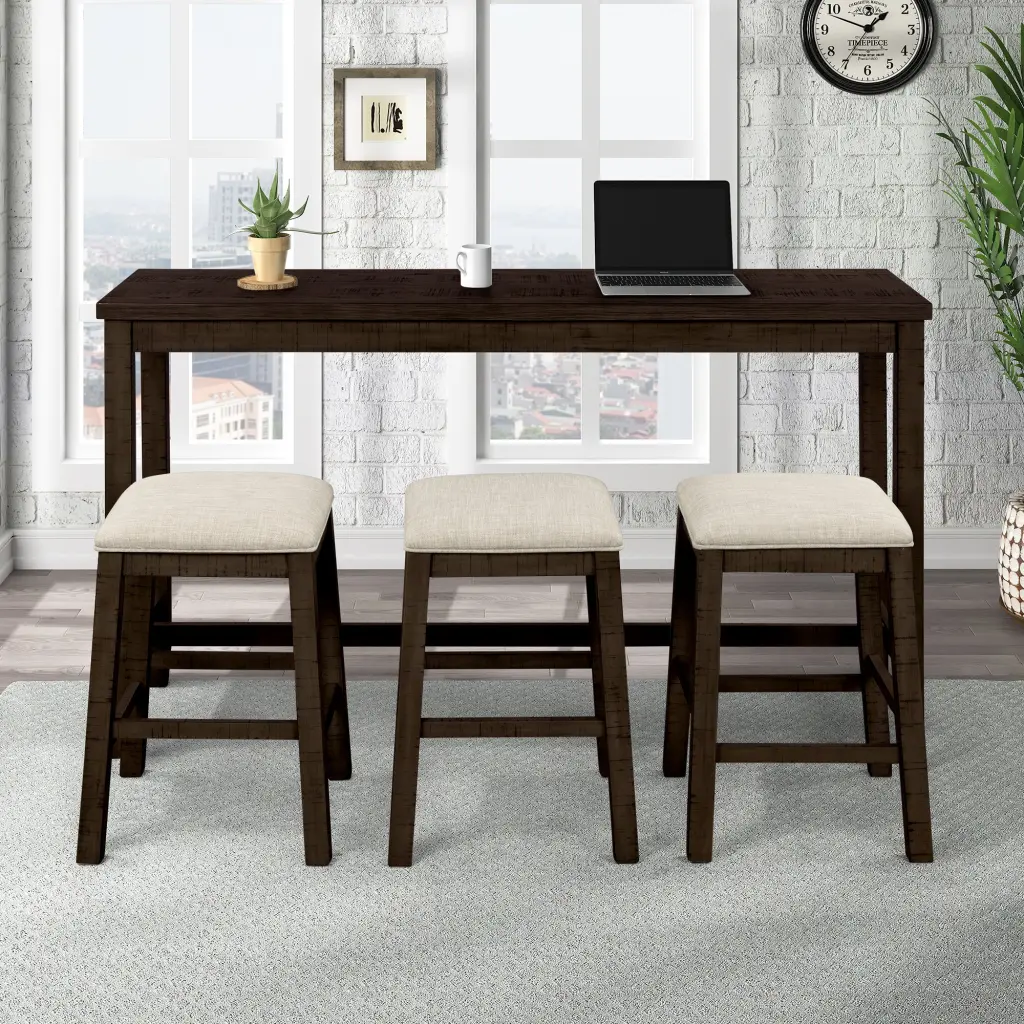 4 Pieces Counter Height Table Padded Stools Rustic Bar Dining Set rnb