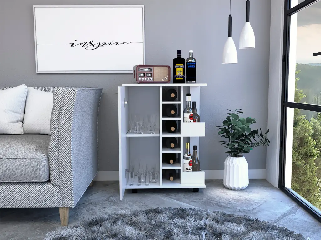Bar Shopping Basket Wells Four Casters Six Wine Cubbies Single Door Cabinet treevol furniture