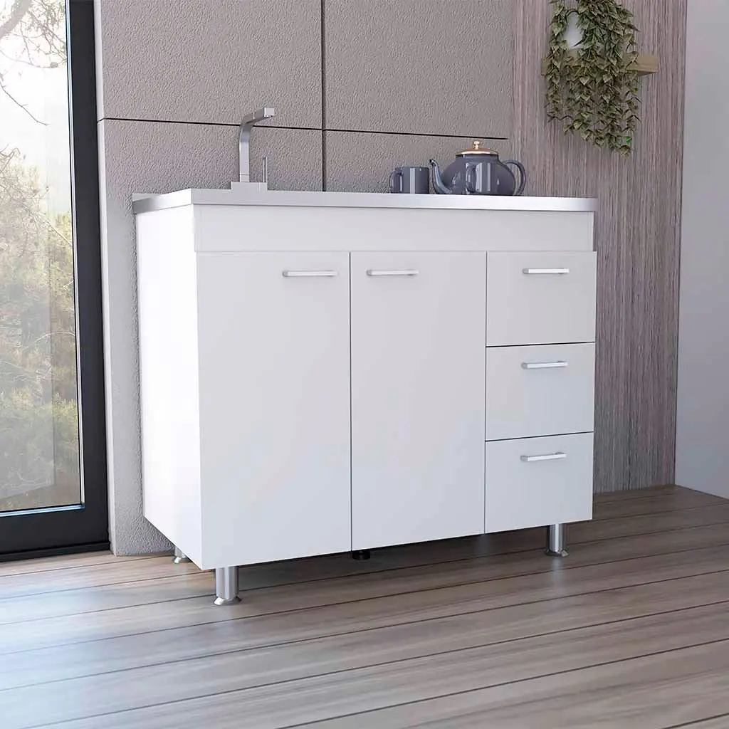 Ferretti Base Cabinet Three Drawers and Double Door White Freestanding Kitchen Storage tuhome
