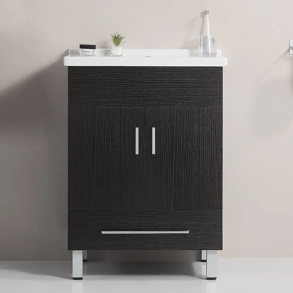 24 Inch Double Doors Drawers Black Bathroom Cabinet Ceramic Top Vanity Storage Unit gf