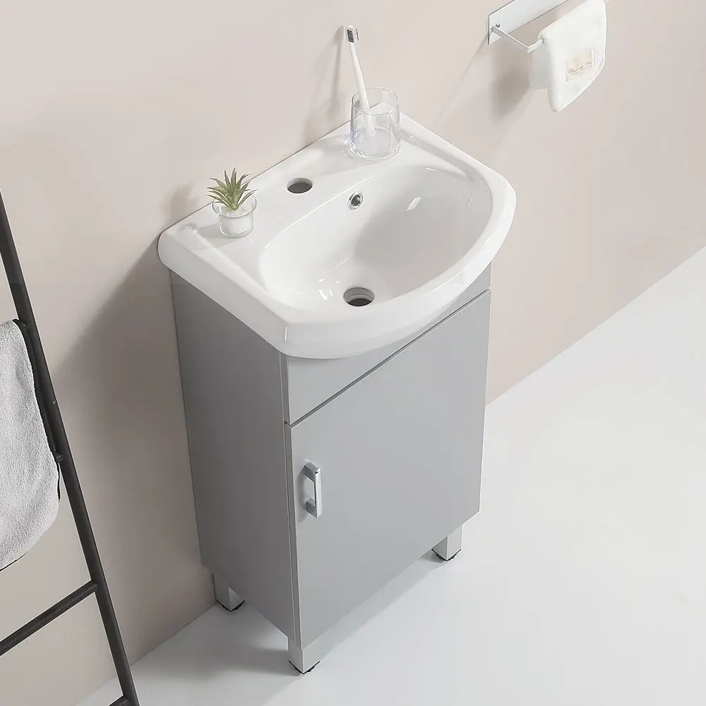 18 Inch Mini Bathroom Cabinet Porcelain Sink Grey Solid Timber gf