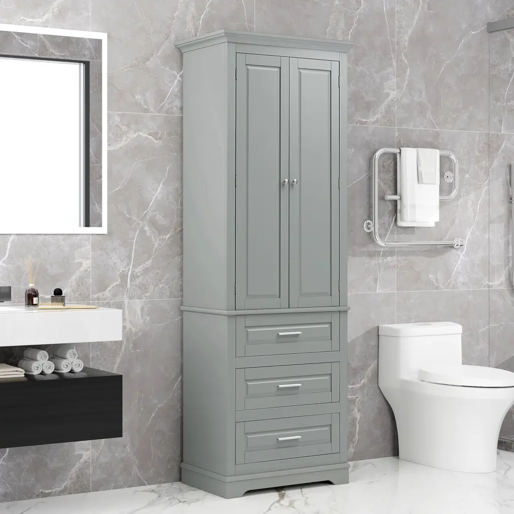 Tall 3 Drawer Storage Cabinet Bathroom or Office Modern Grey Finish rnb
