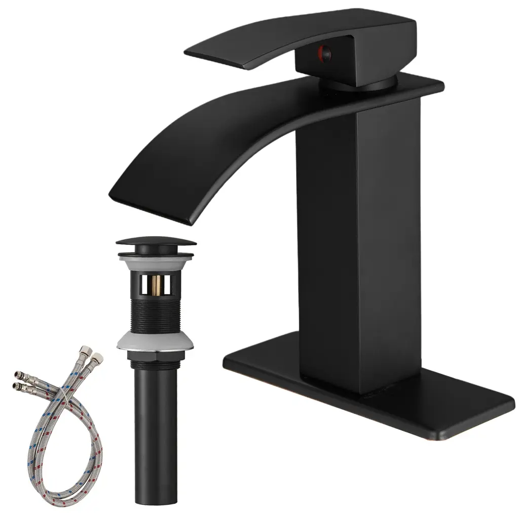 Matte Black Waterfall Single Handle Low Arc Bathroom Faucet Drain bathininc