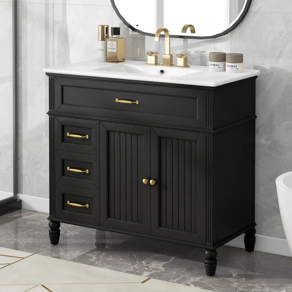 36 Inch Bathroom Vanity Sink Black Bathroom Cabinet Drawers Solid Surface Top by