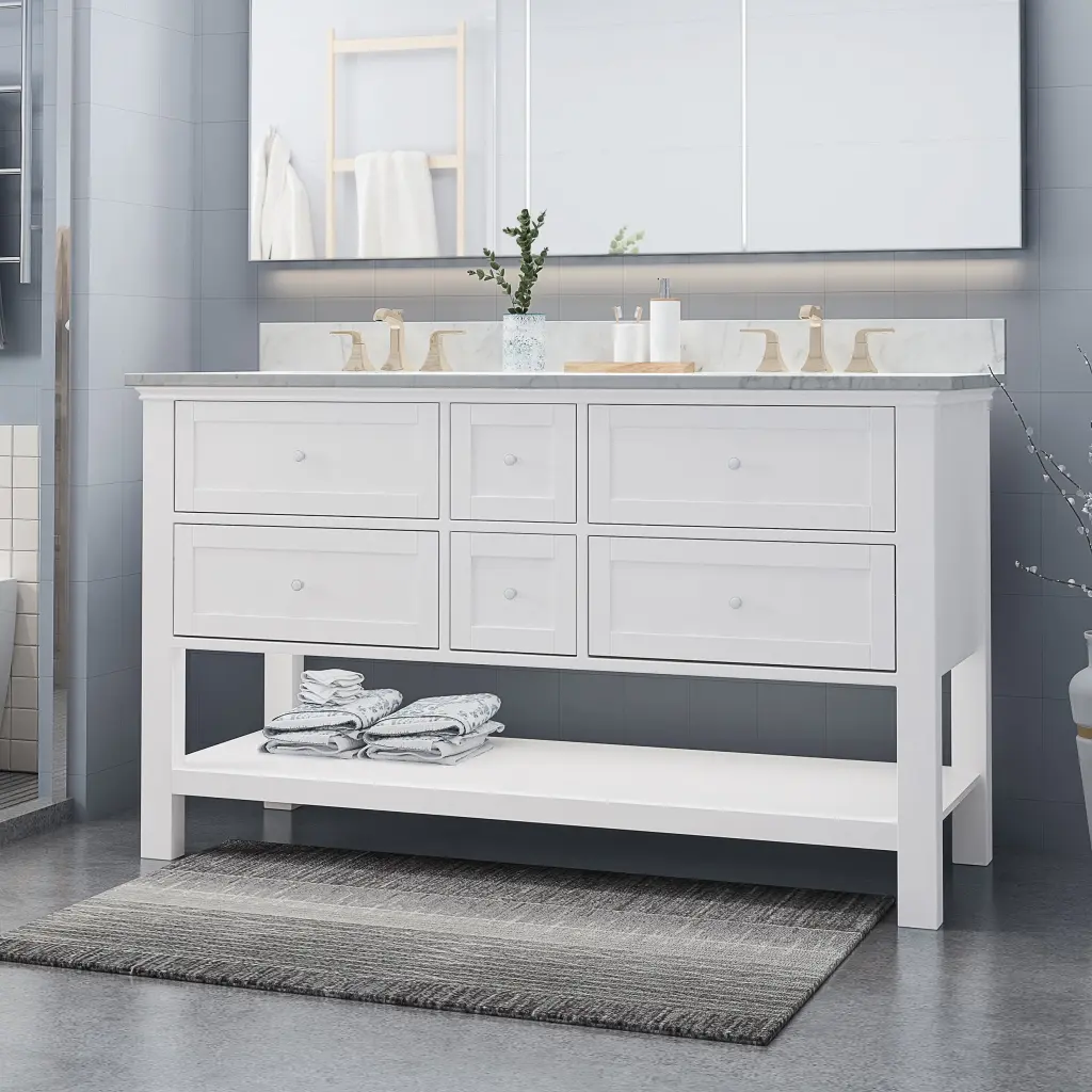 61 Inch Bathroom Vanity Marble Top and Double Ceramic Sinks 4 Drawers nh-bo
