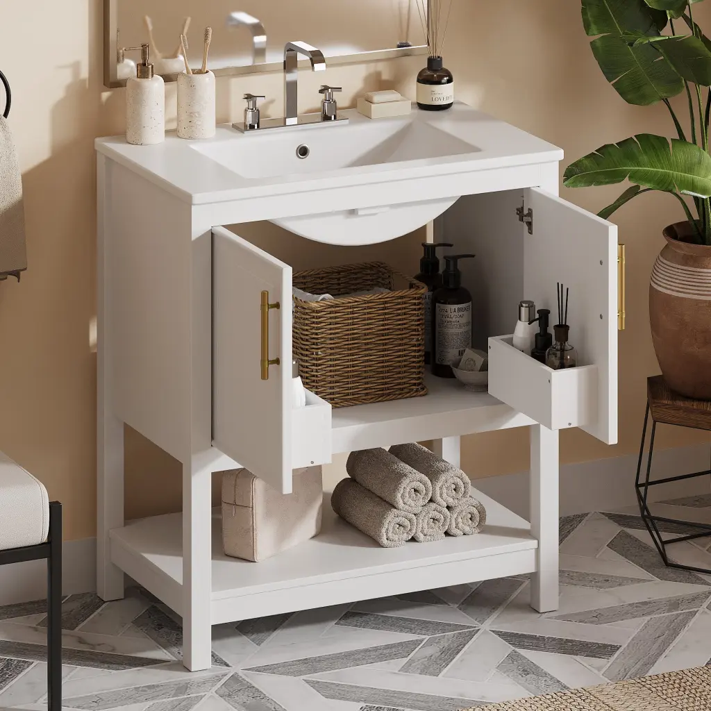 30 Inch White Bathroom Vanity Ceramic Sink And Multi-functional Storage rnb