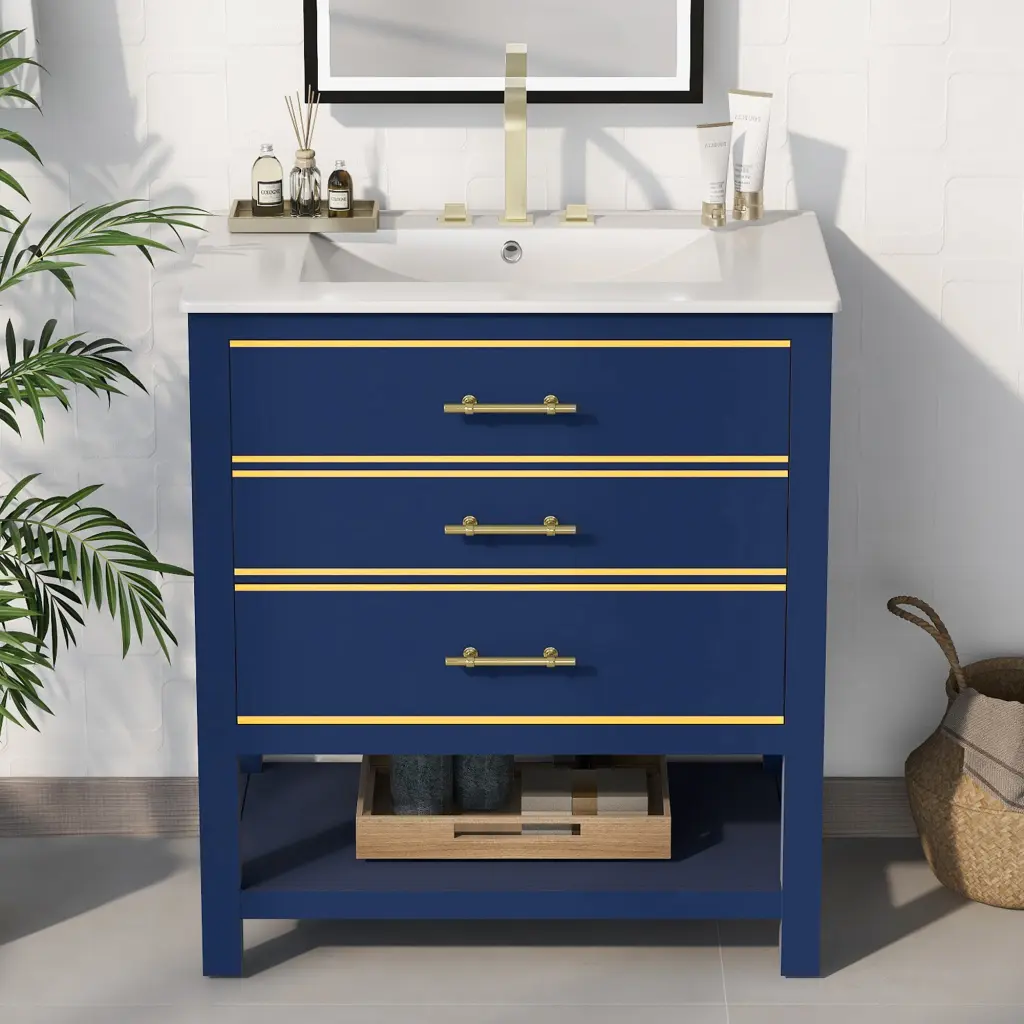 Viedo Modern 30 Inch Navy Blue White Bathroom Vanity Cabinet Bundle Sink rnb