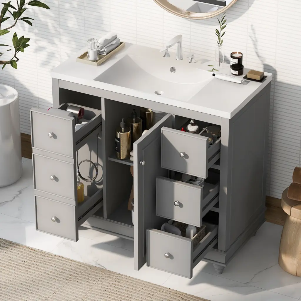 Contemporary Gray Bathroom Vanity Cabinet 36X18X34 Inches 4 Drawers rnb