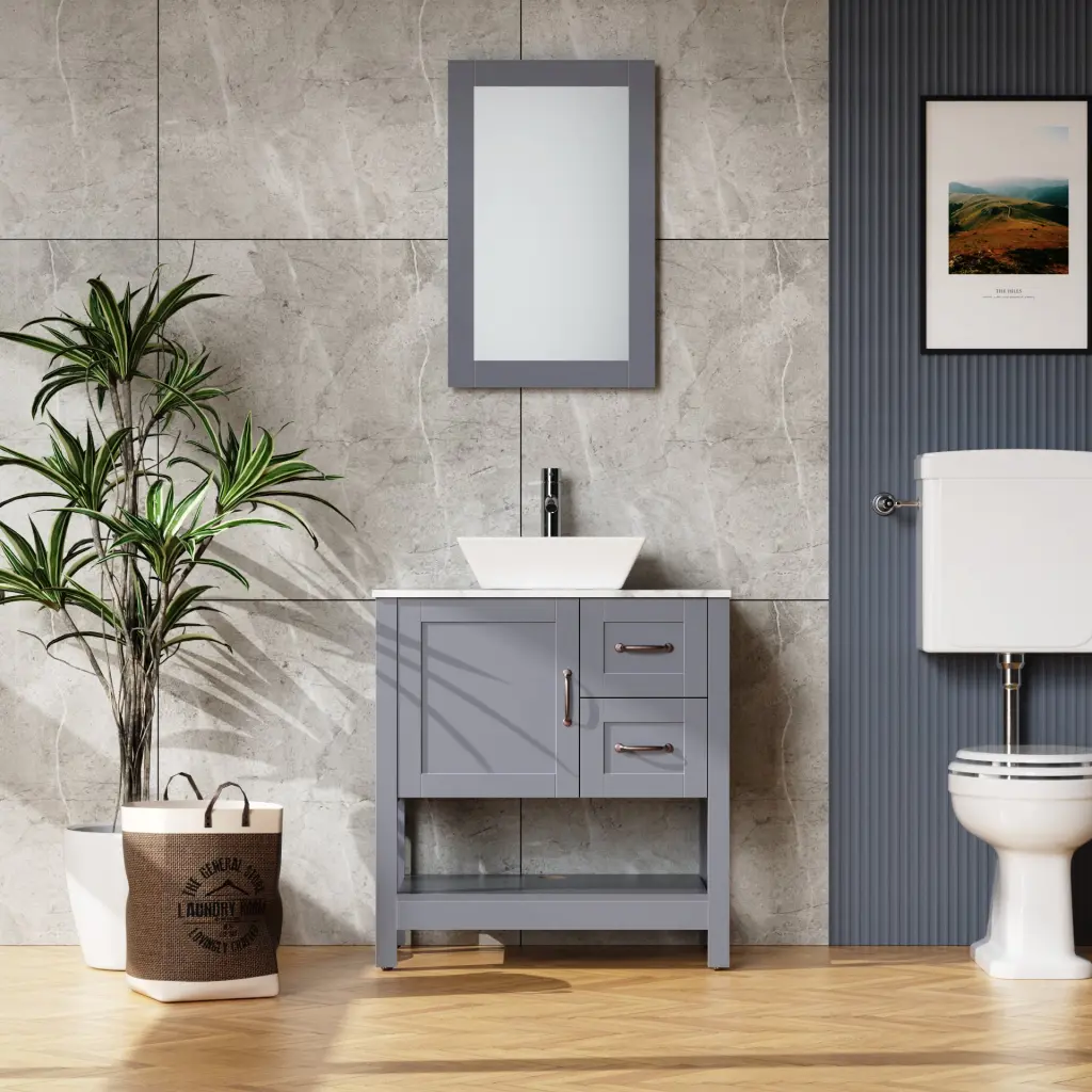 30 Inch Gray Bathroom Vanity And Sink Bundle Marble Top And Mirror goodyo bathroom products