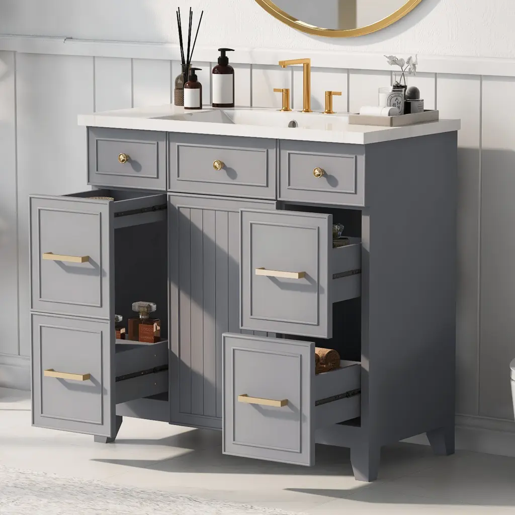 36 Inch Bathroom Vanity Cabinet Sink Top Bundle Set Grey Single Sink rnb