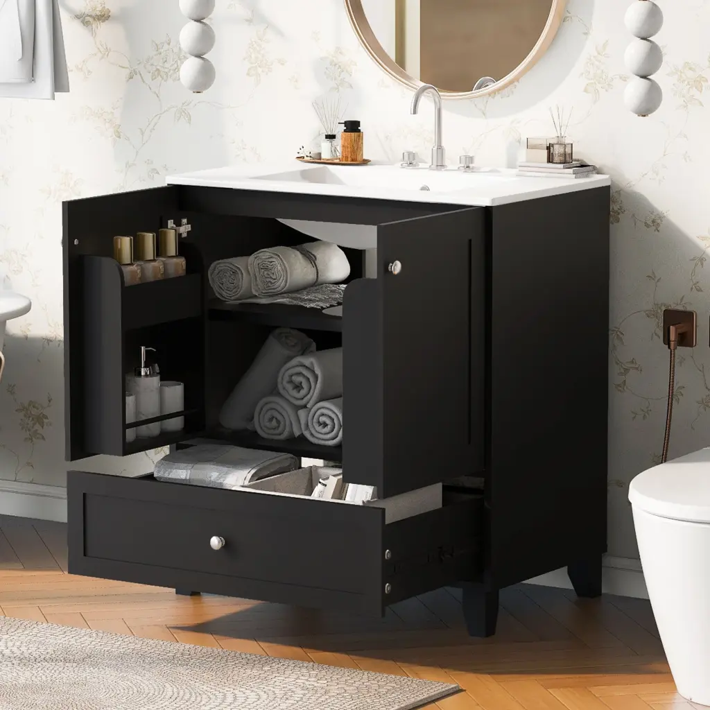 30 Inch Black Bathroom Vanity Set Porcelain Sink And Large Storage Space rnb
