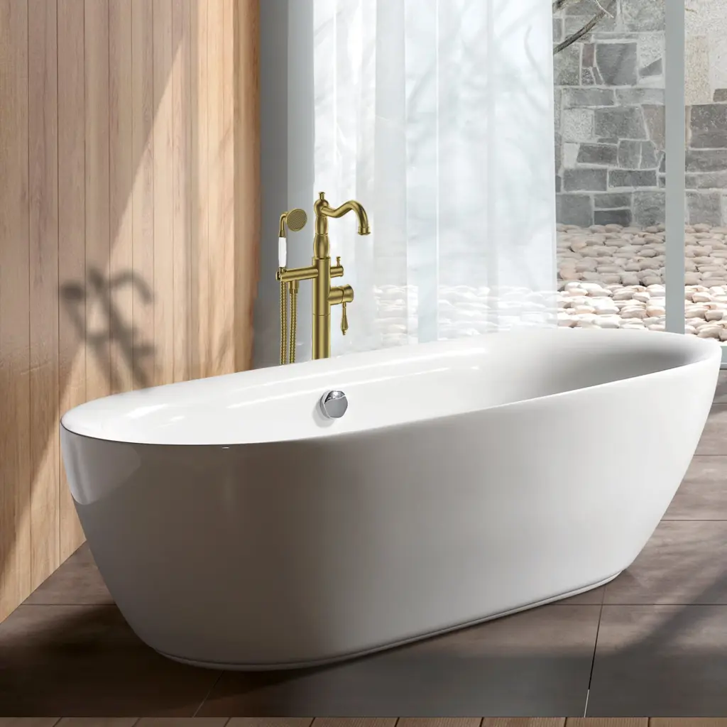 Freestanding Bathtub Faucet Hand Shower Applicator Gold Metal Finish w1533