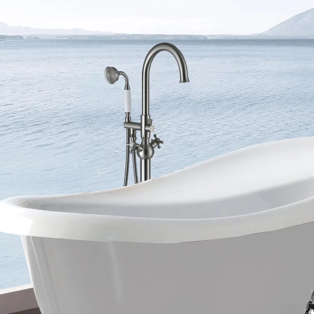 Freestanding Bathtub Faucet Hand Shower Applicator Brushed Nickel Metal w1533