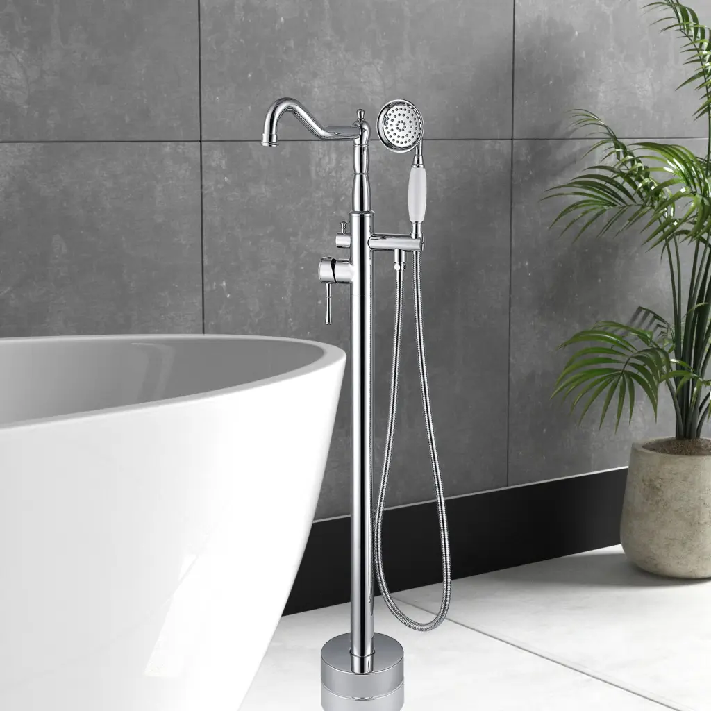 Freestanding Bathtub Faucet Hand Shower Chrome Metallic Finish w1533