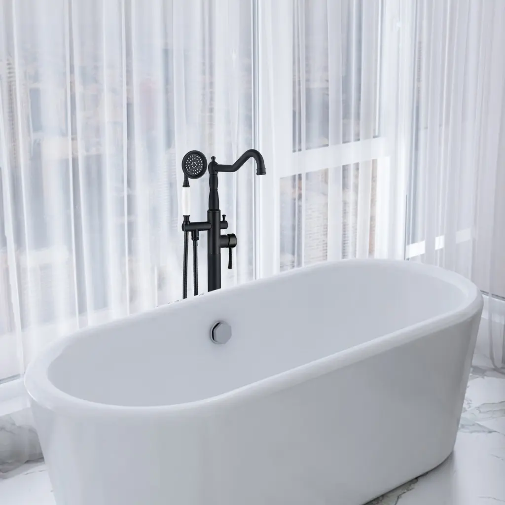 Freestanding Bathtub Faucet Hand Shower Matte Black Metallic Finish w1533