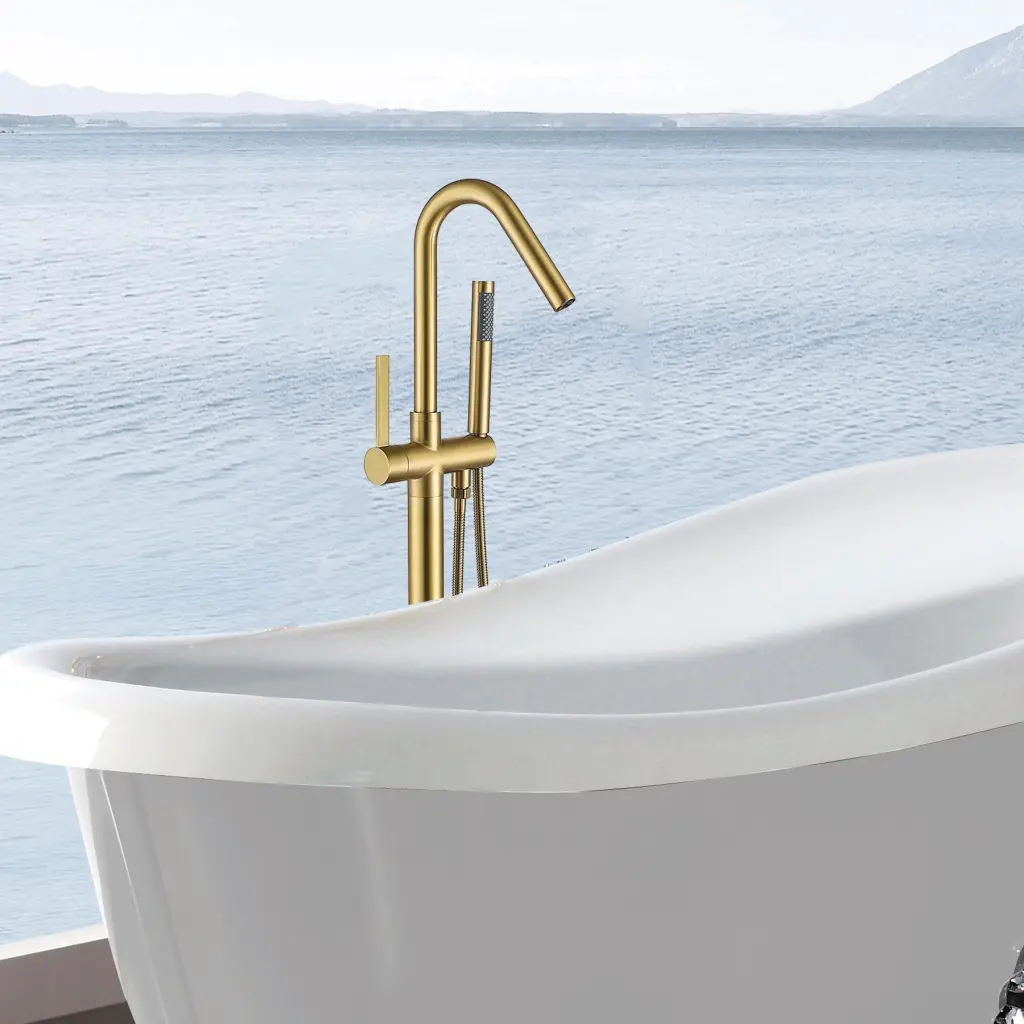 Freestanding Bathtub Faucet Hand Shower Precious Metal Metallic Luxury Bath Fixture w1533