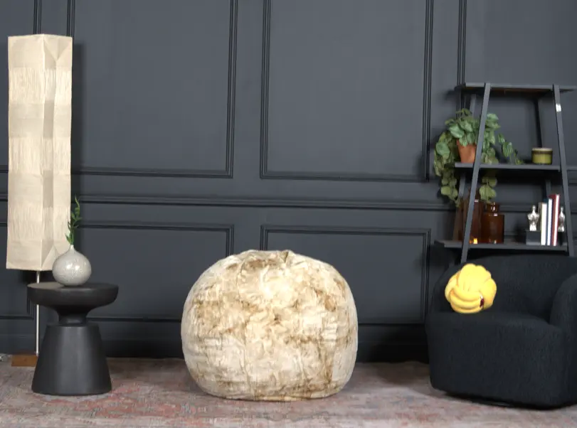 3 Foot Round Shag Fur Bean Bag Chair White and Beige Oak Fur bazar