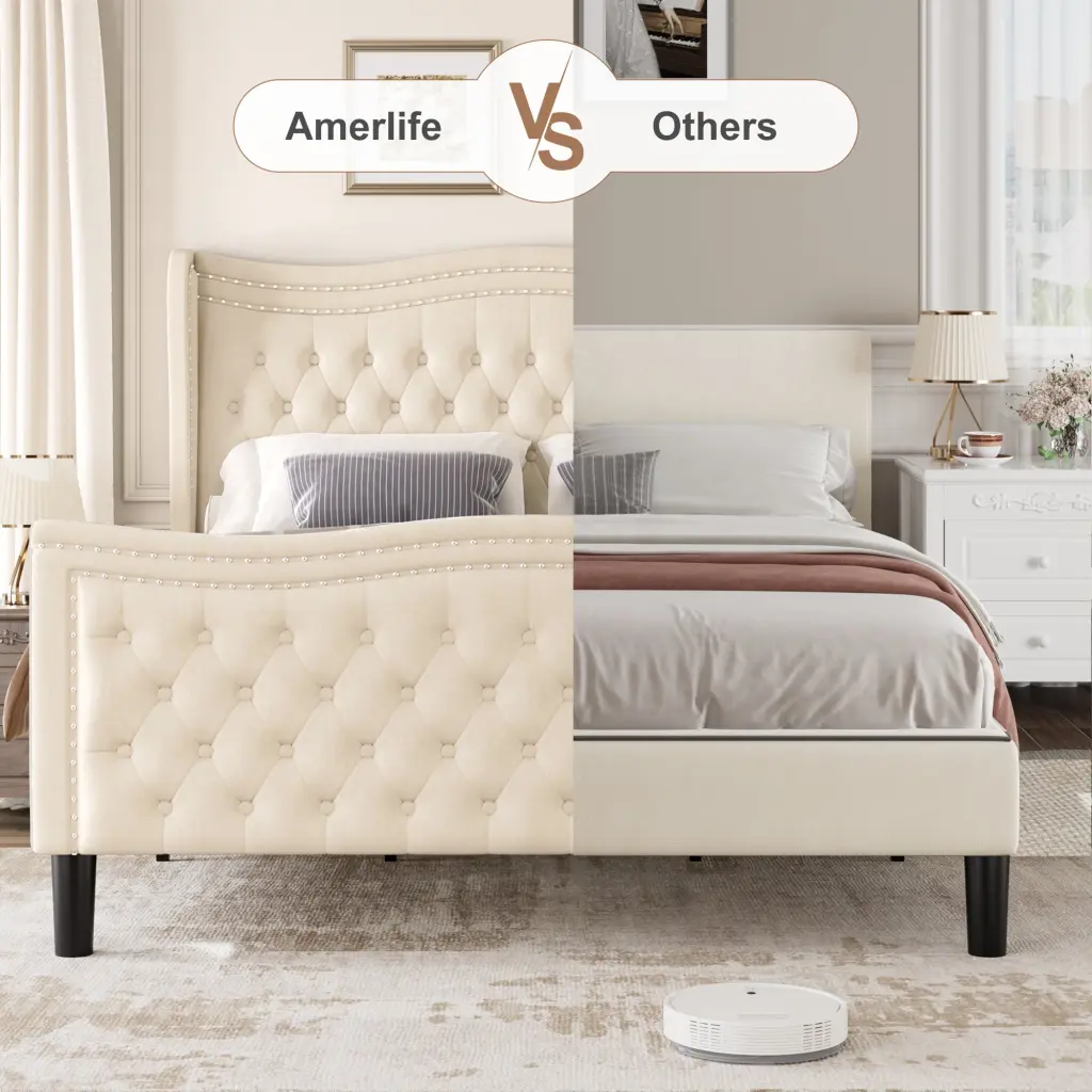 Lift Up Velvet Beige King Size Bed Frame Box Spring Not Required aobang furniture