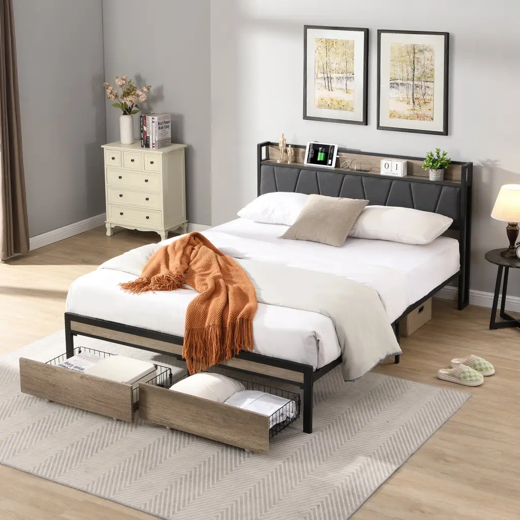Queen Size Metallic Platform Bed Frame Upholstery and Storage Function civilfurniture