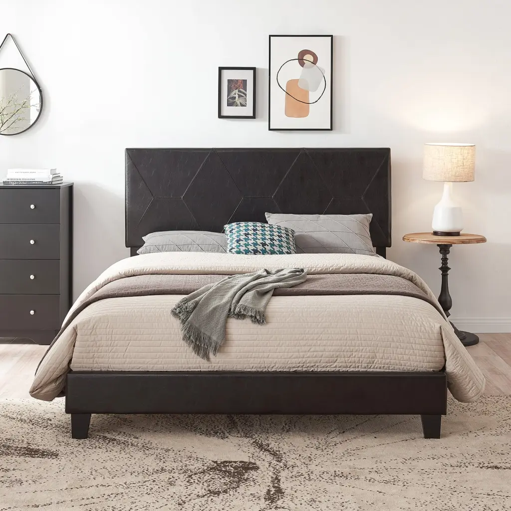 Queen Upholstered Platform Bed Frame Timber Slat Support civilfurniture