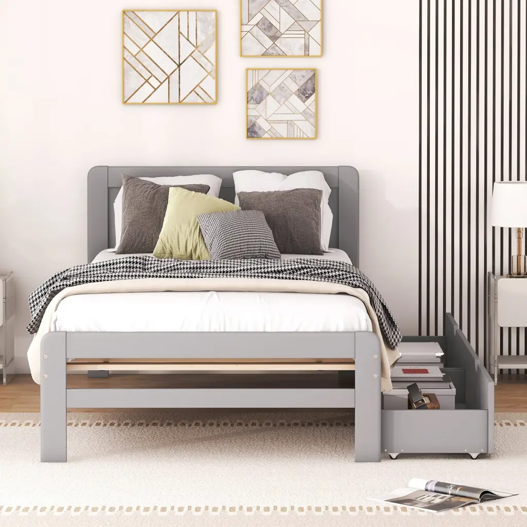 Modern Twin Platform Bed Frame 2 Drawers Grey Wooden Design fangxing