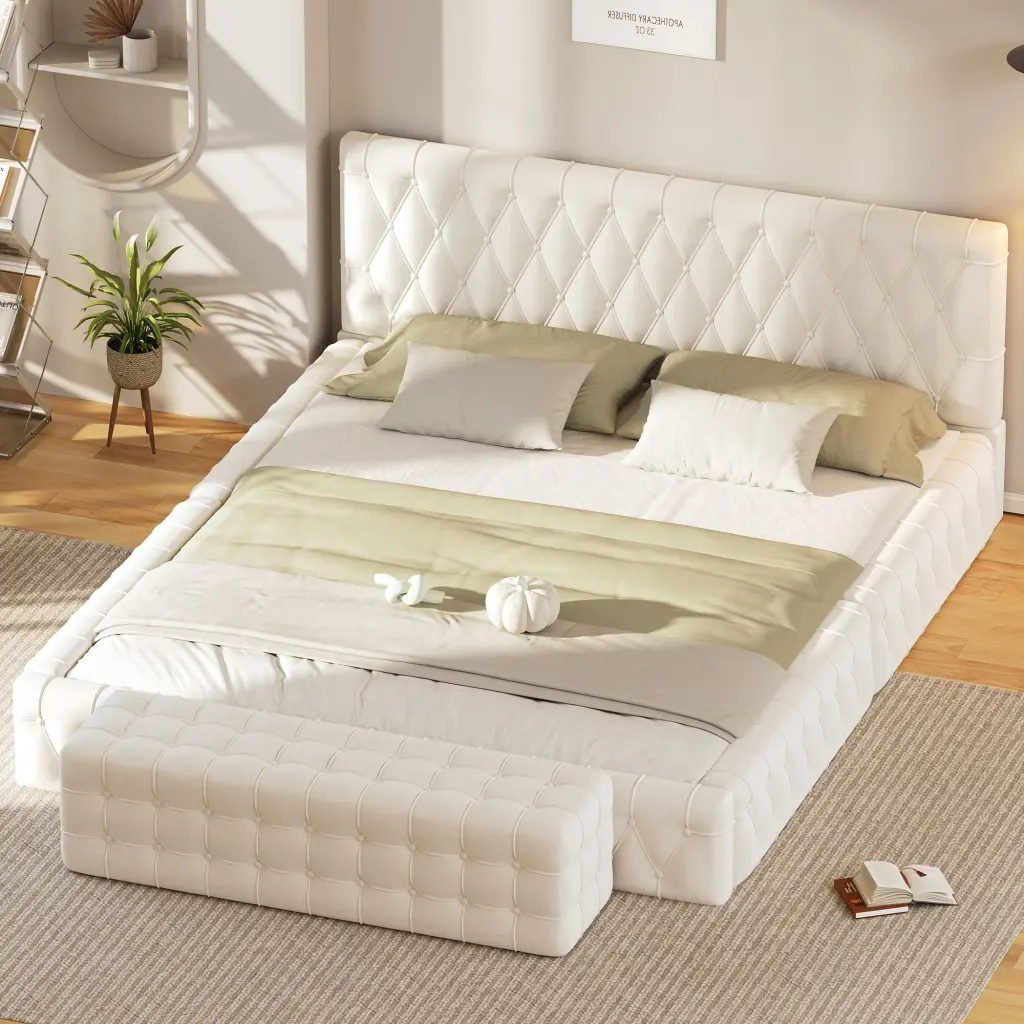 2 Pieces Queen Size Upholstered Bed Set Rectangular Headboard homey life