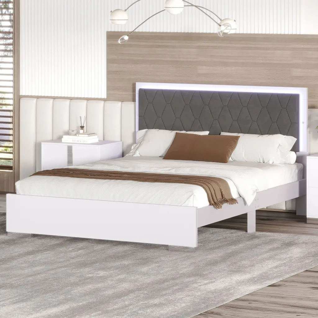 Queen Upholstered Bed LED Light Modern Platform Bed White homey life