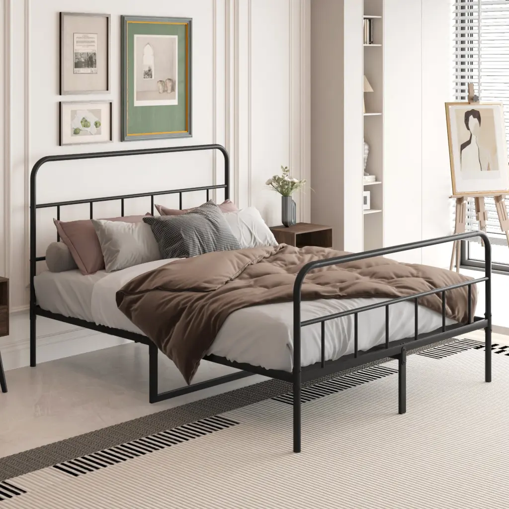 Metal Platform Bed Frame Headboard Sturdy No Box Spring Needed hs furniture
