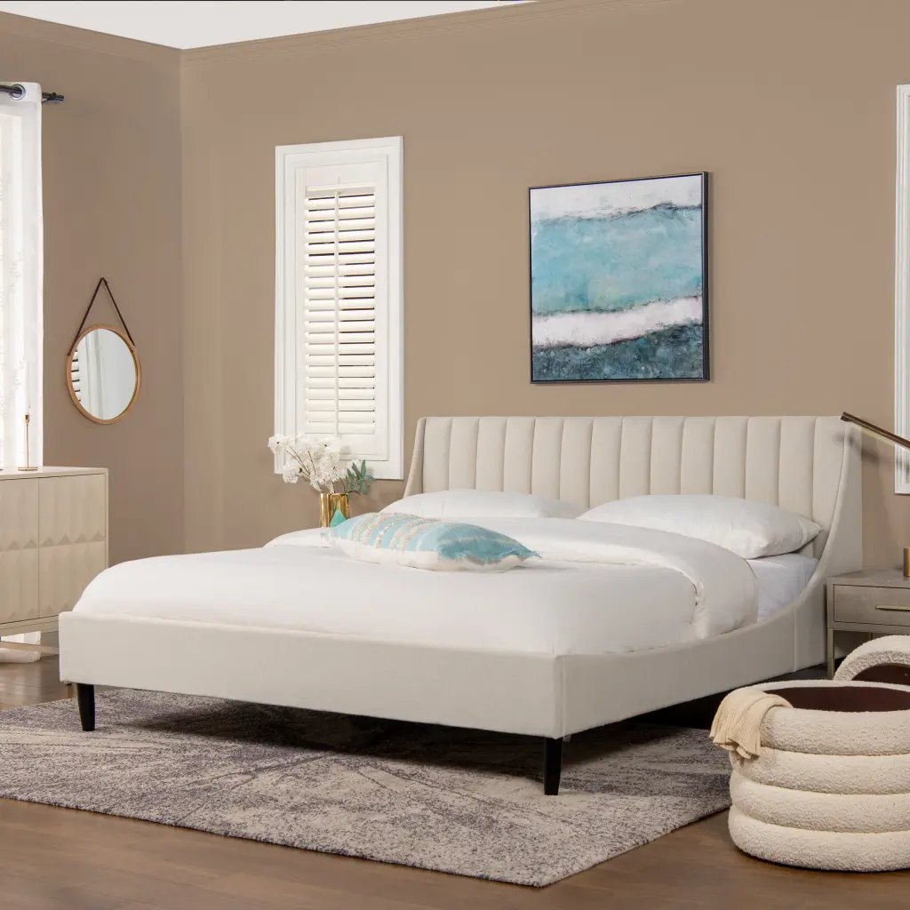 Aspen Vertical Tufted Headboard Platform Bed Set King Light Beige Linen jennifer taylor home