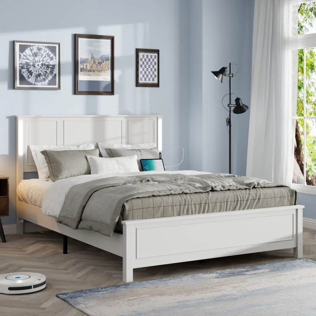 Queen Size Platform Bed Frame Wood Headboard and Footboard jhomier furniture