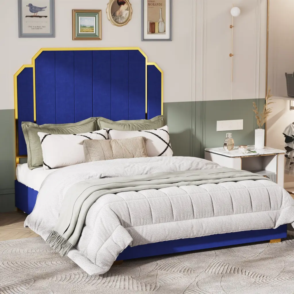 Queen Upholstered Bed Frame 59.06 Inch Headboard and Precious Metal Accents jhomier furniture