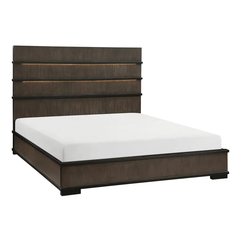 Two Tone Brown Black Finish LED Headboard King Bed 1 Piece Modern Industrial Bedroom Furniture kanepe