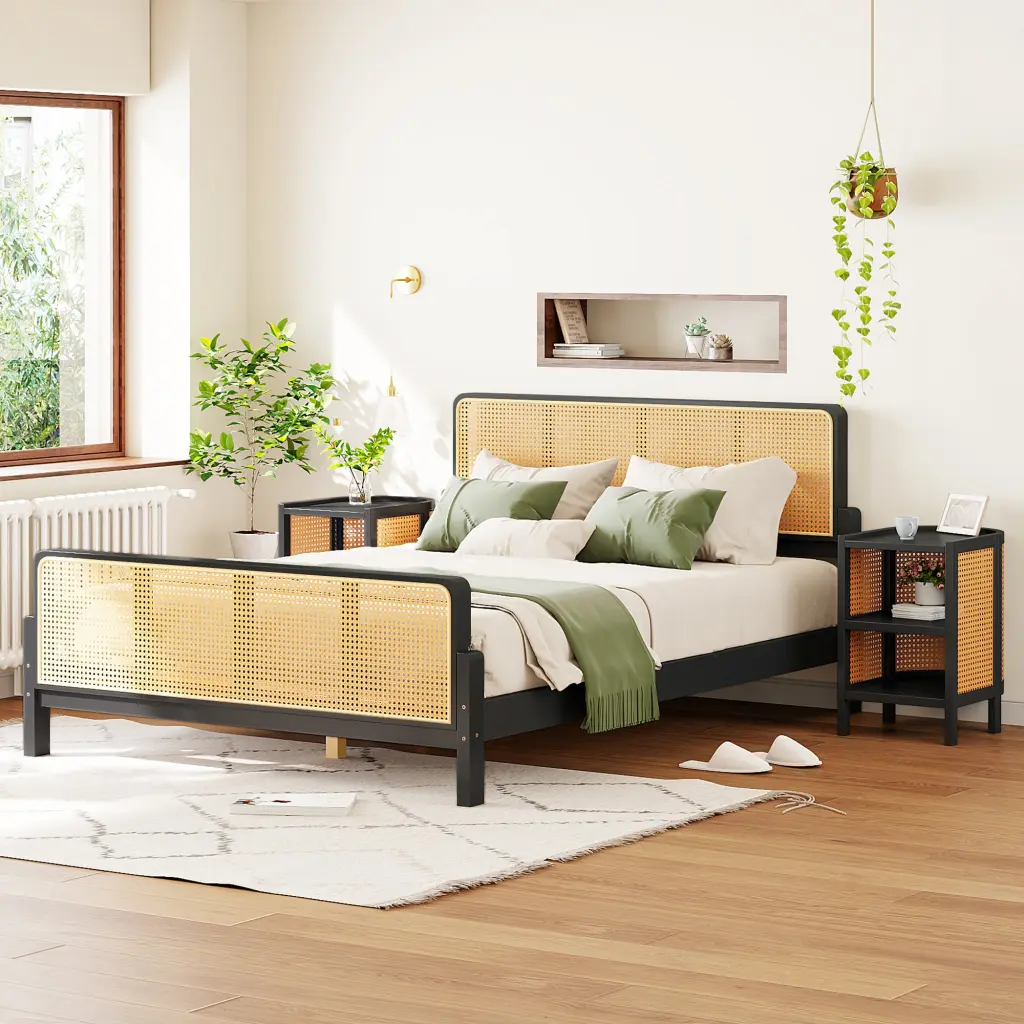 3 Pieces Rattan Platform Full Dimensions Bed 2 Nightstands Espresso lucky furniture