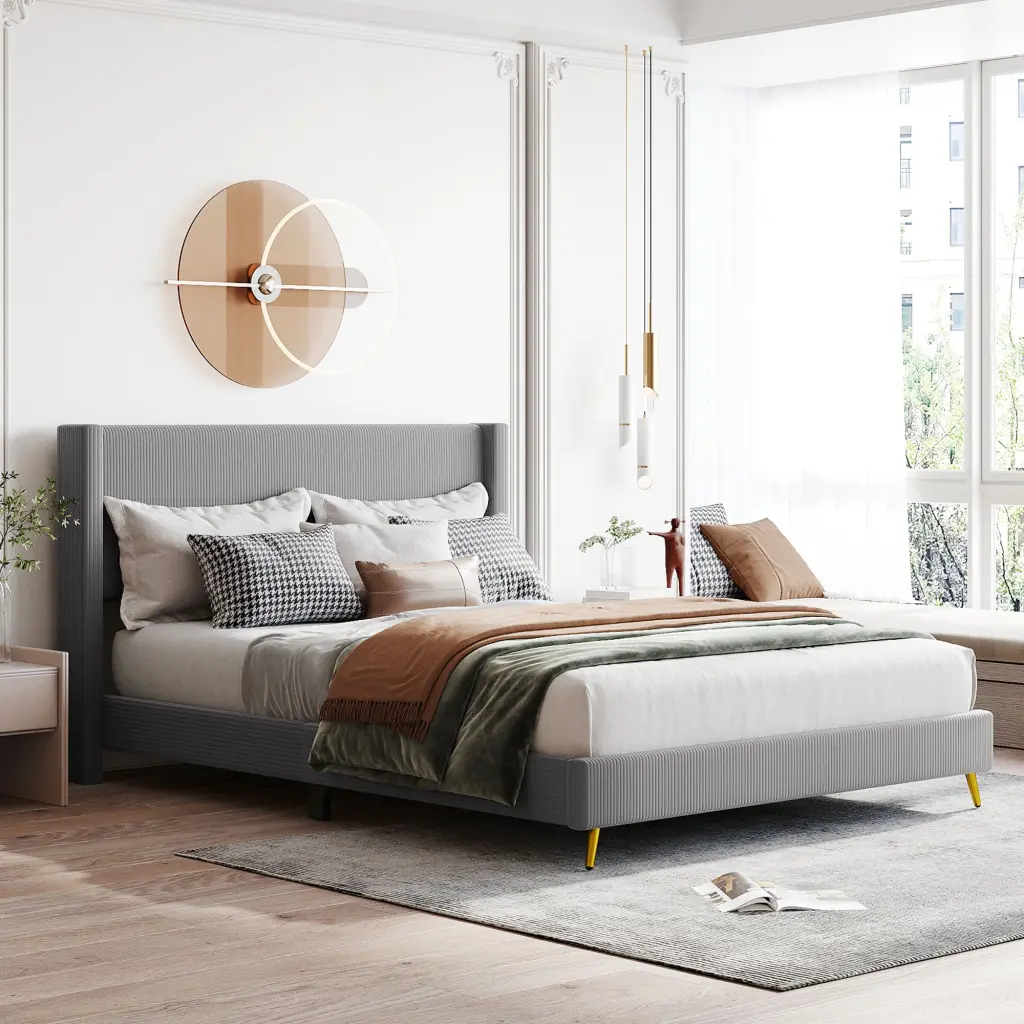 Queen Size Corduroy Platform Bed Metal Legs Gray Upholstered Frame lucky furniture