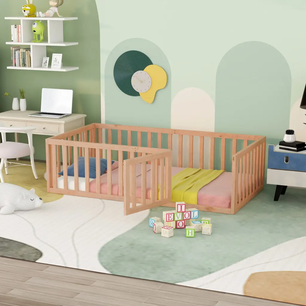 Twin Dimensions Timber Floor Bed Frame Fence and Door Natural Finish lucky furniture