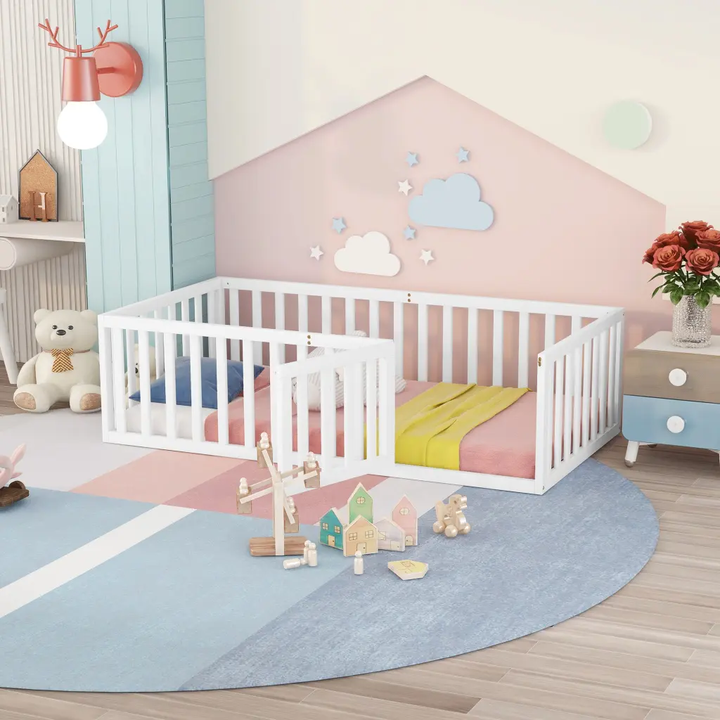 Twin Dimensions Wood Floor Bed Frame Fence And Door White lucky furniture
