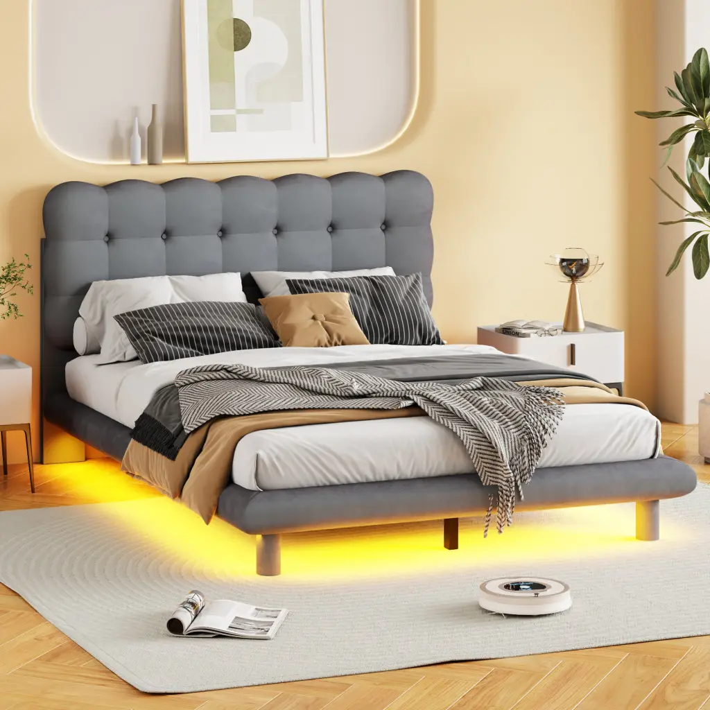 Full Size Velvet Platform Bed LED Frame Thick Soft Material lucky world