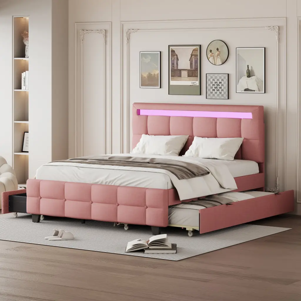 Queen Upholstered Platform Bed LED Frame lucky world